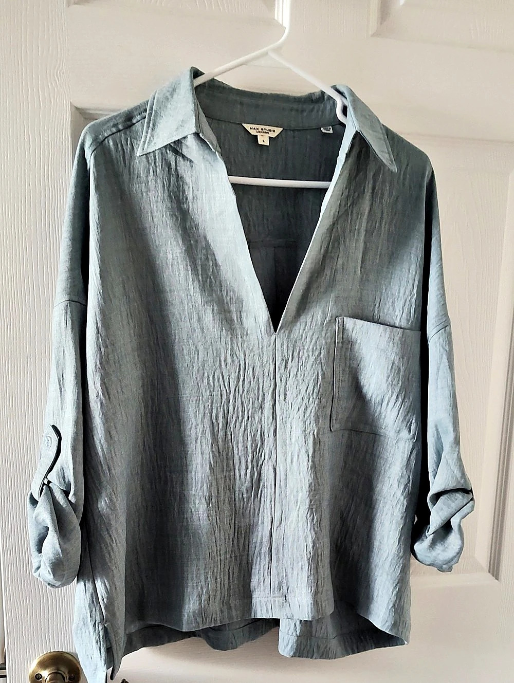 Max Studio London Pleated Sleeve Blouse in Blue Size Large